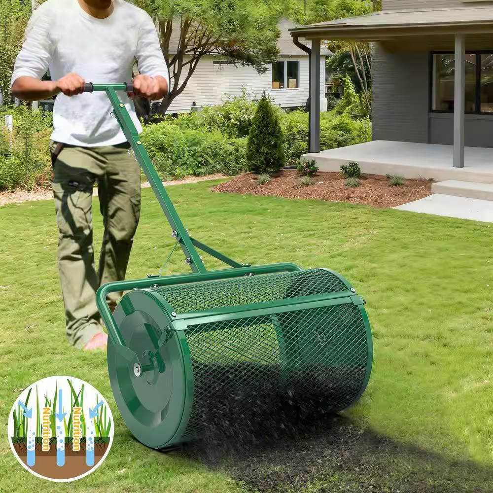 24 In. Green Compost Handheld Spreader Peat Moss Spreader, Lawn Garden Spreader