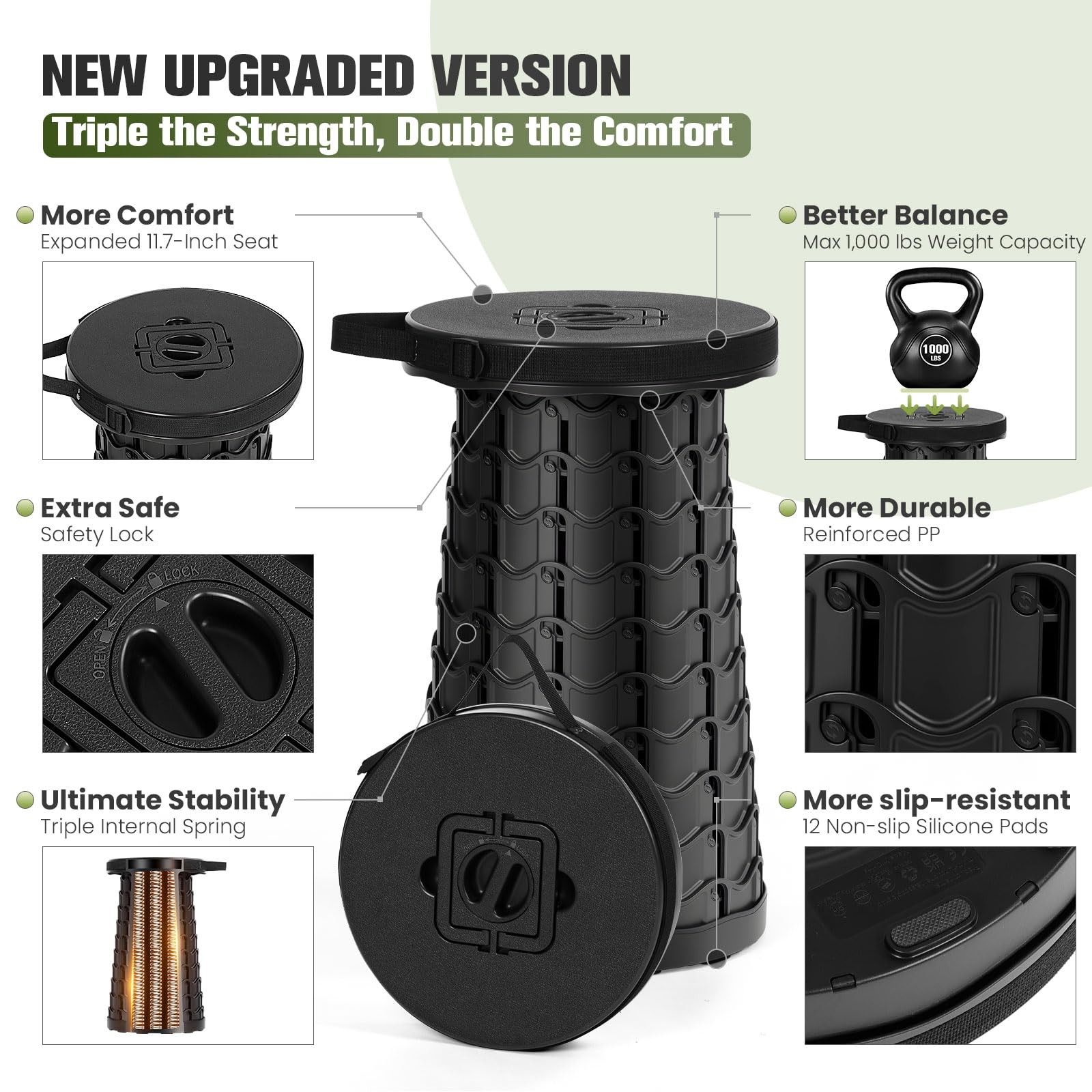 Collapsible Stool Max 1000lb Capacity, 12 Adjustable Heights - Portable