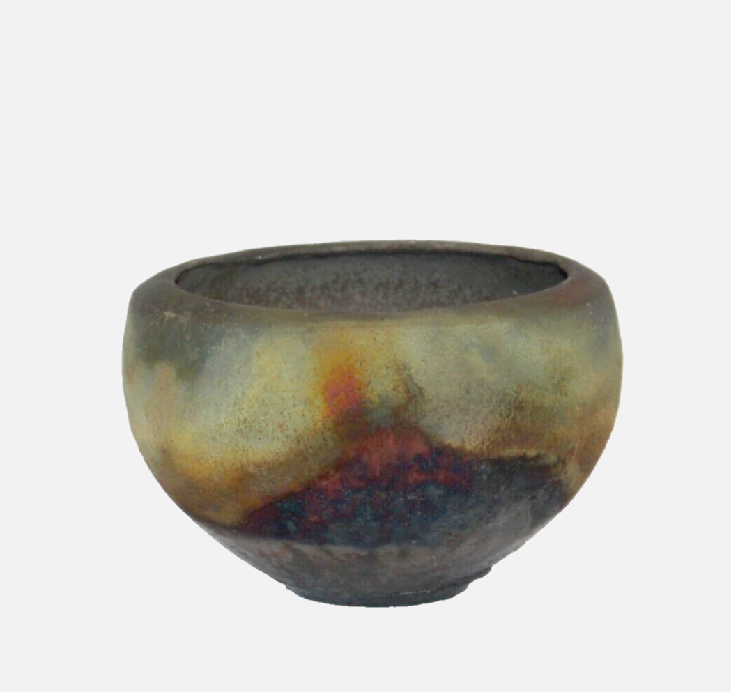 Ilene Mahler Art Pottery Planter Bowl Textured Green Brown Black Tan Earthy 4.5"