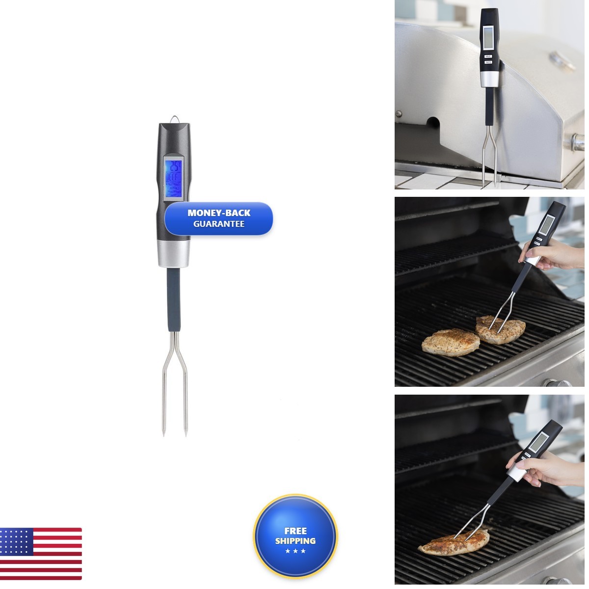 Outset 76690 Grill Fork Digital Meat Thermometer Dual Stainless Steel Prongs