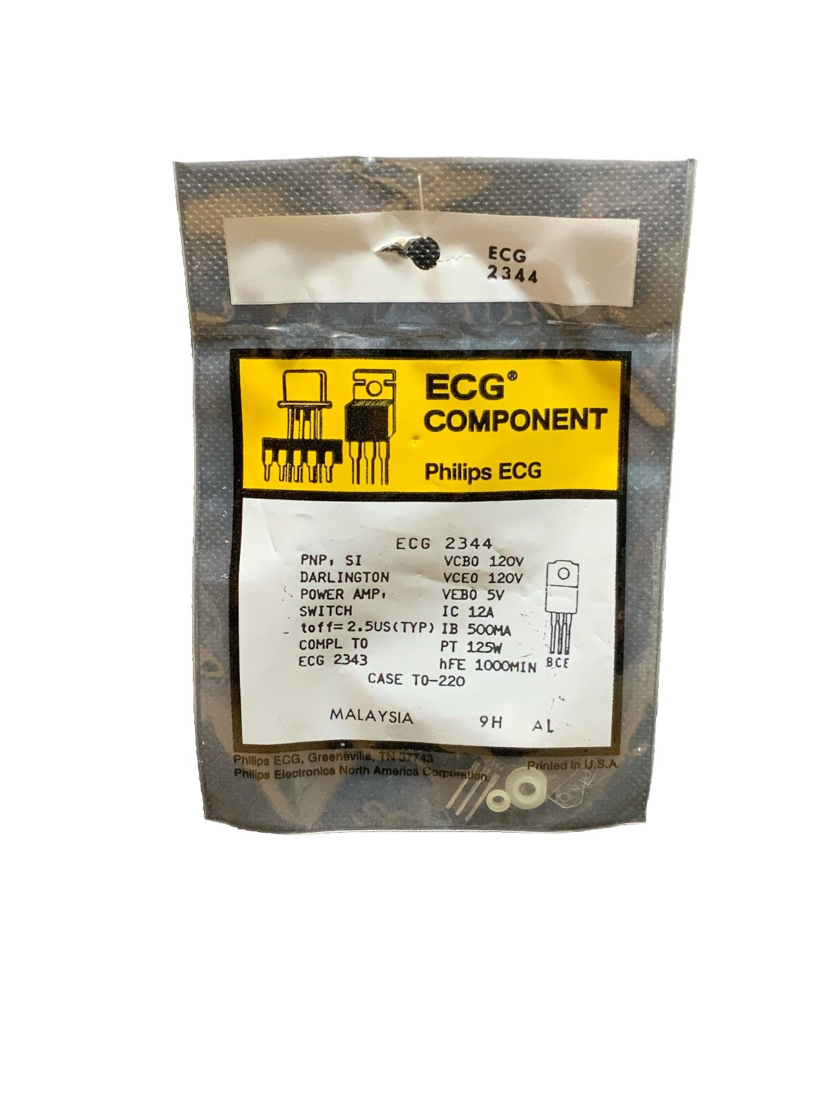 ECG2344 PNP, Si Darlington Power Amplifier, Switch Compl ECG2343 TO-220