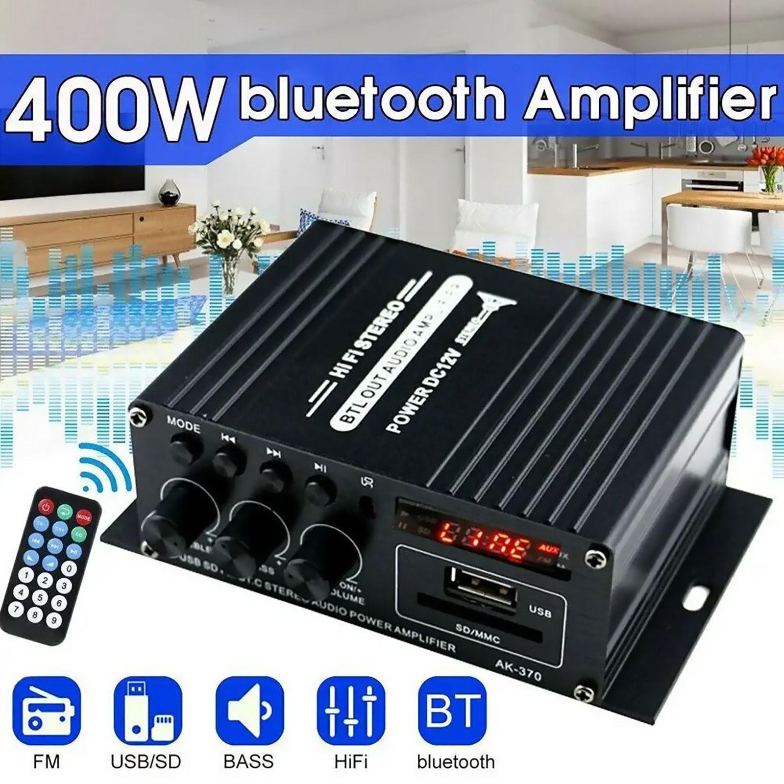 AK370 Power Digital Amplifier Bluetooth HIFI Stereo SD Card U disk AUX input