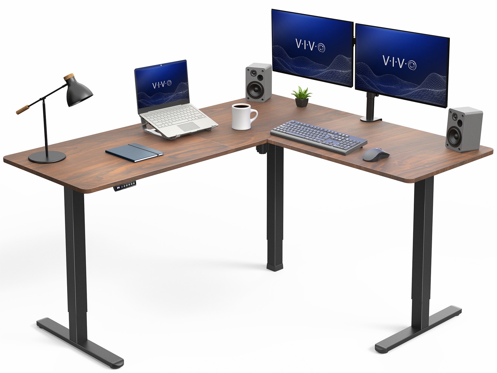 VIVO Dark Walnut / Black Electric 63" x 55" Corner Desk, L-Shaped Workstation