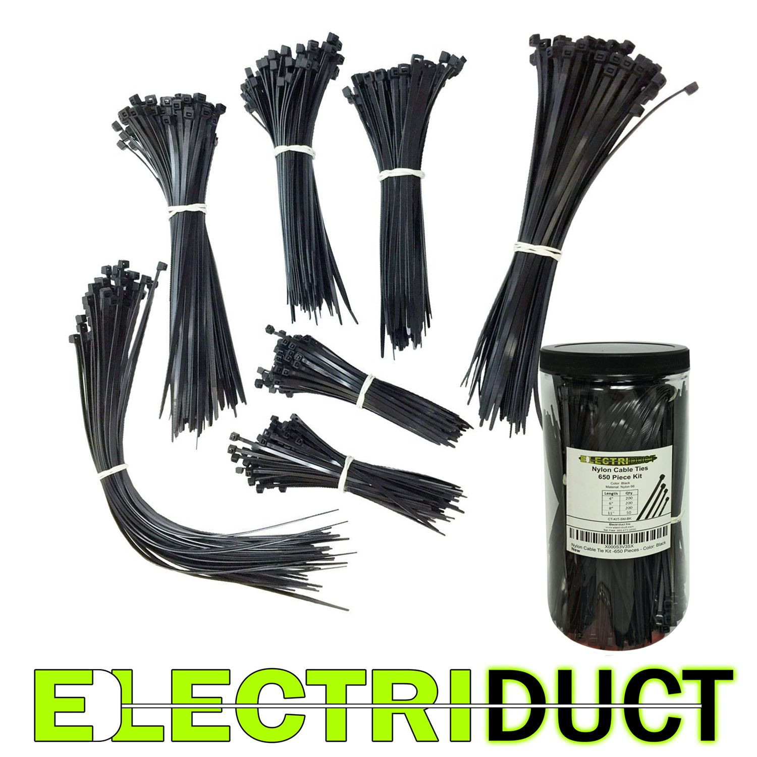 Electriduct Nylon Cable Ties Kits 650 Pieces - 4" - 6" - 8" - 11" - Black