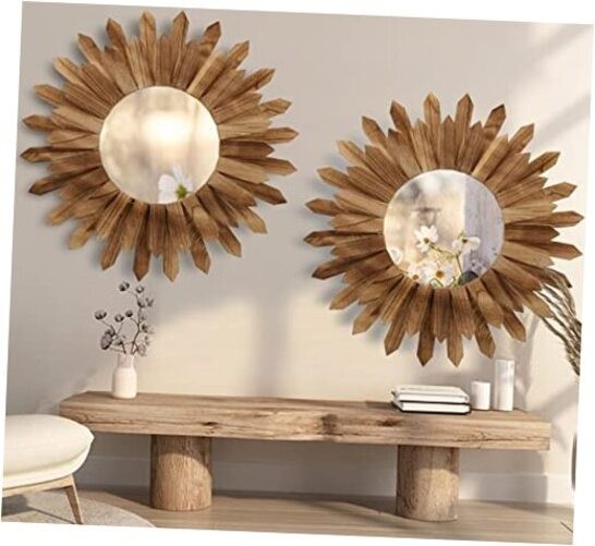 2 Pack 22 Inch Boho Wall Sunburst Mirror Rustic Round Wood Decorative Mirror