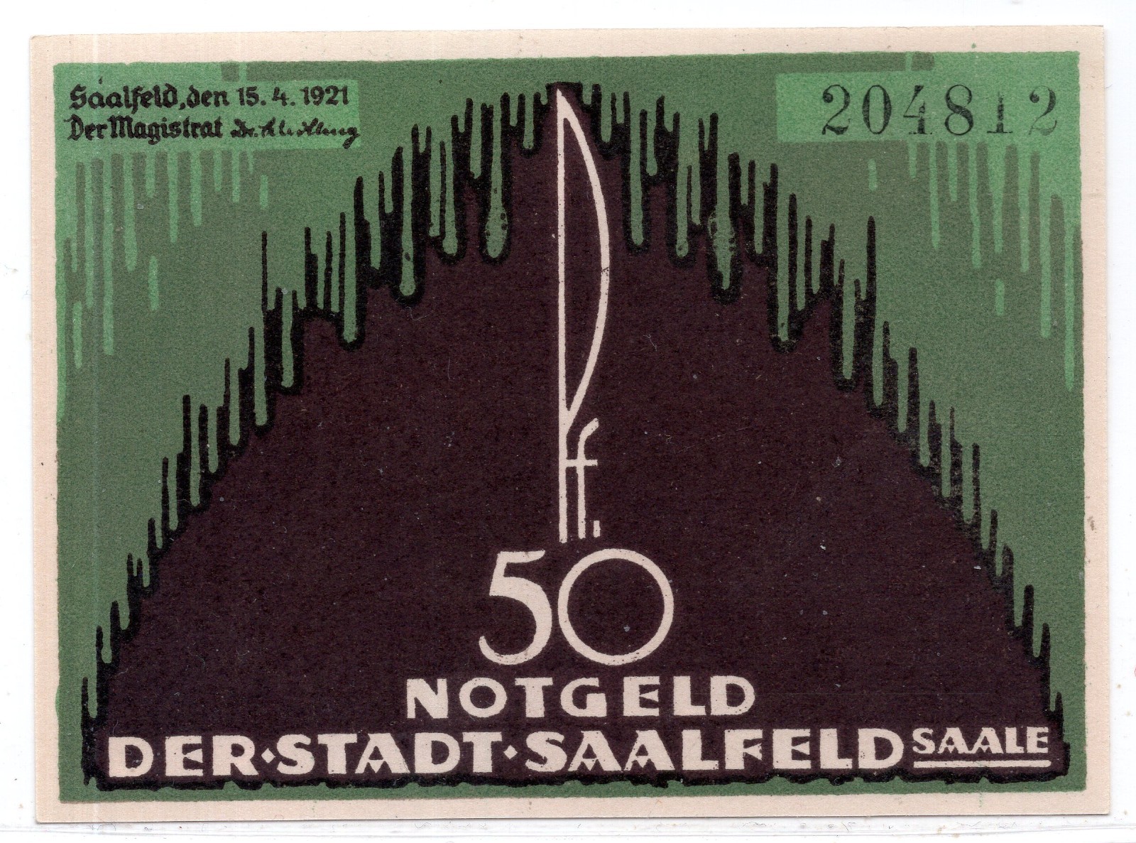 1921 Germany Saalfeld Notgeld 50 Pfennig Note (NG253)