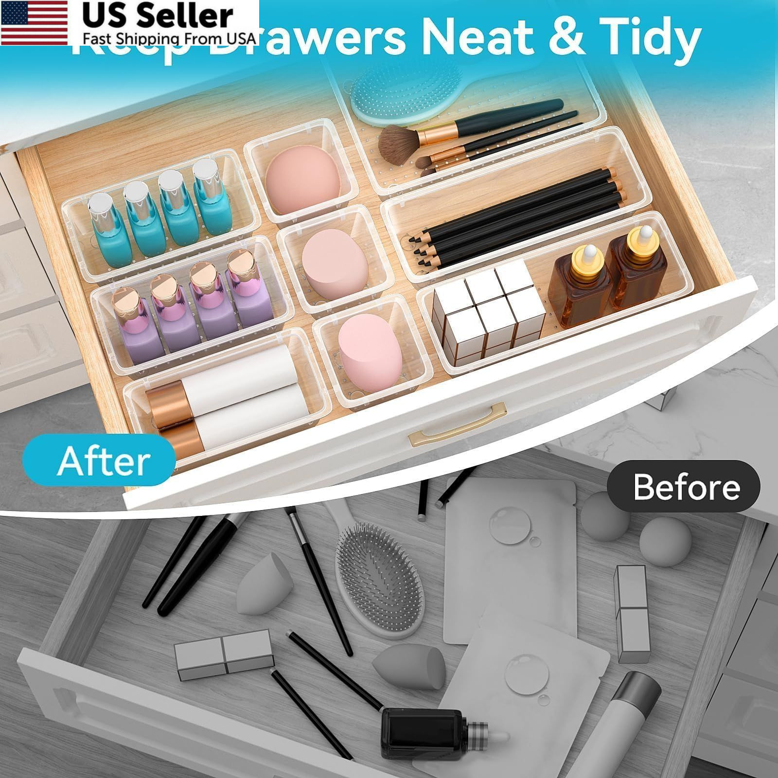 ElegantArray 12 PCS Drawer Organizer Set, 4 Sizes Tool Storage 12 Pcs, Milky