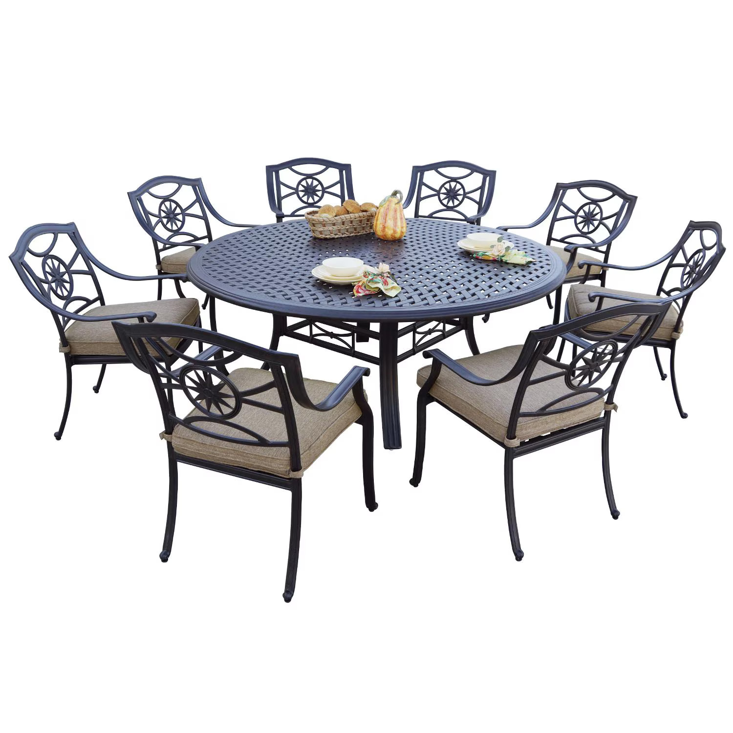 Ten Star 9 Pc Cast Aluminum Dining Set 71 Inch Round Series 99 Table in Antique