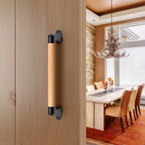 1 Pcs Barn Door Handle - Solid Beech 12 Inch Black Metal Brackets (1 Pack)