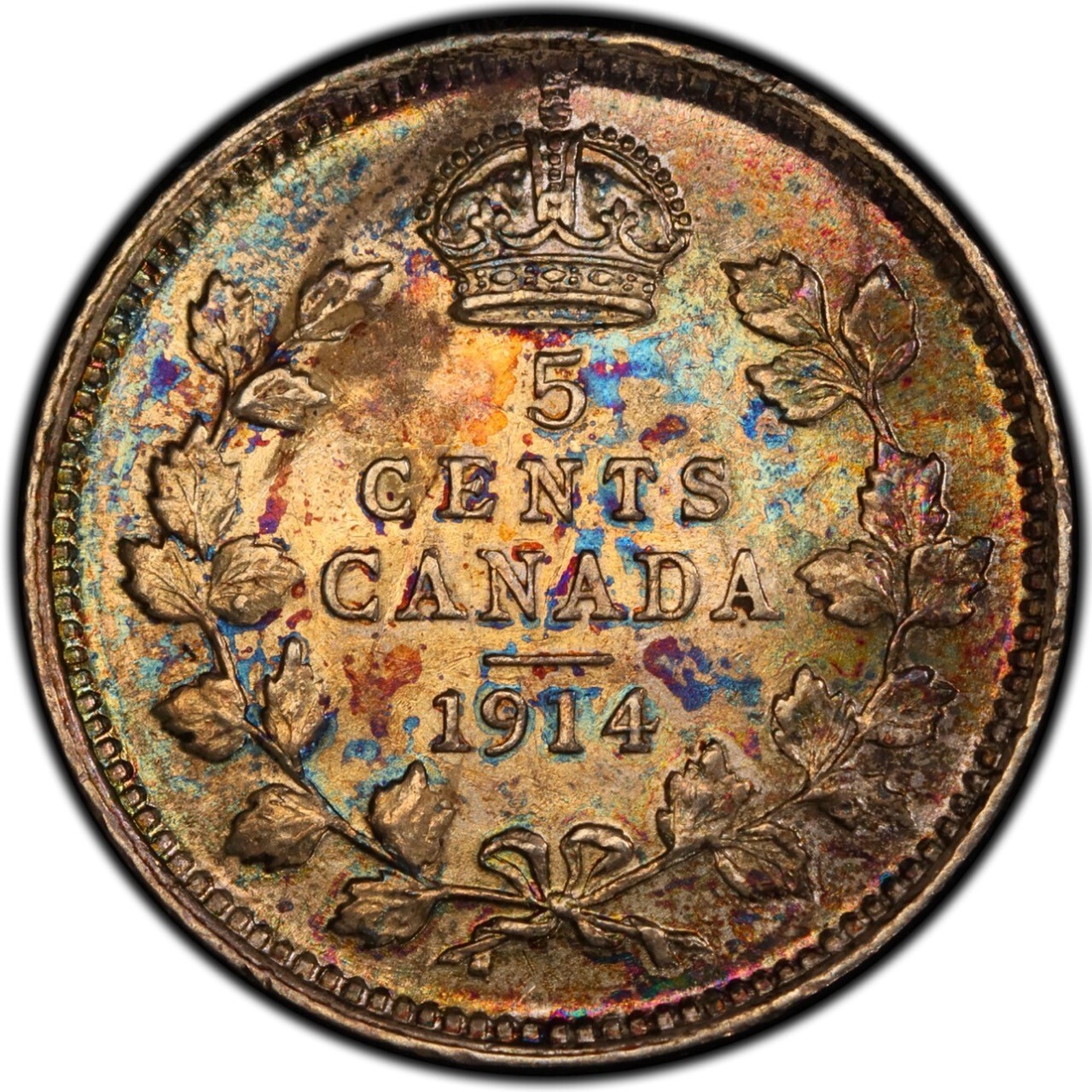 AU58 1914 Canada Silver 5 Cent, PCGS Trueview- Rainbow Toned