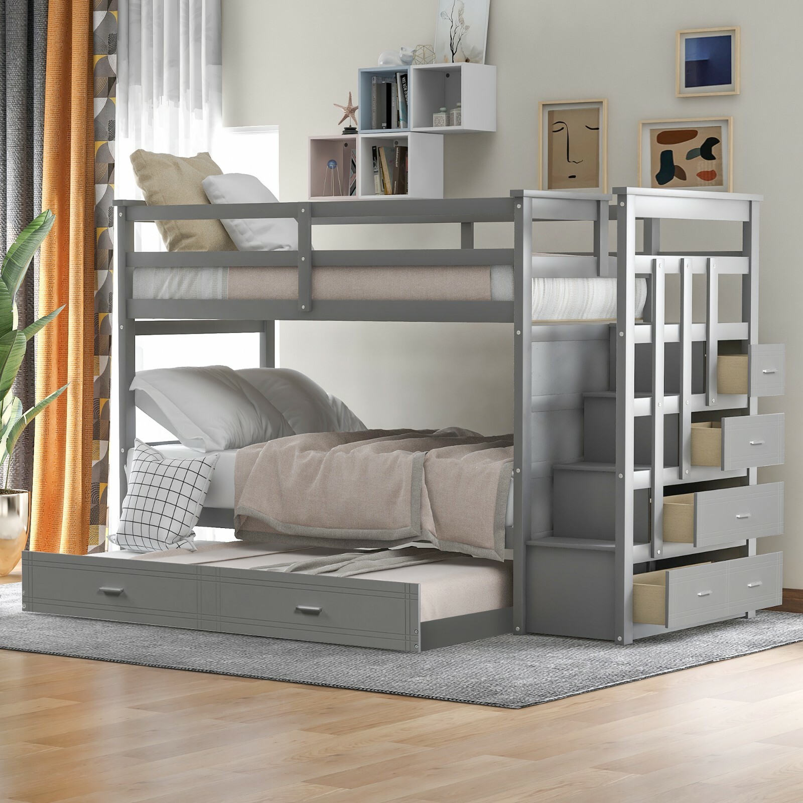 Twin Over Twin Bunk Bed with Trundle Staircase Storage Drawers for Child Kids