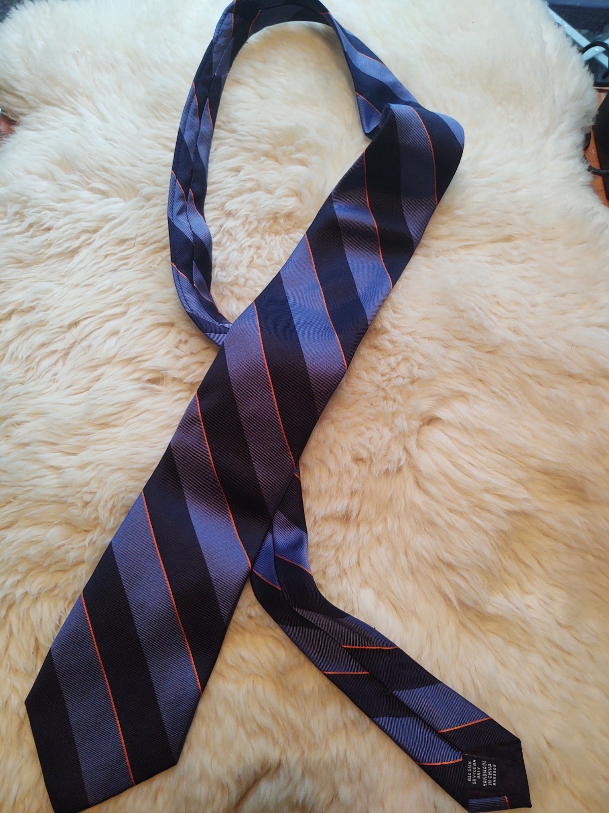 Roundtree & Yorke 100% Silk Necktie Blue with Navy & Orange Stripes