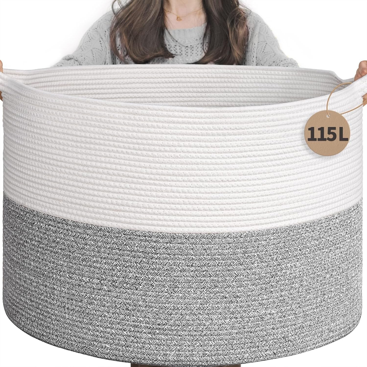 115-litre extra-large storage basket, soft cotton rope storage basket,light grey