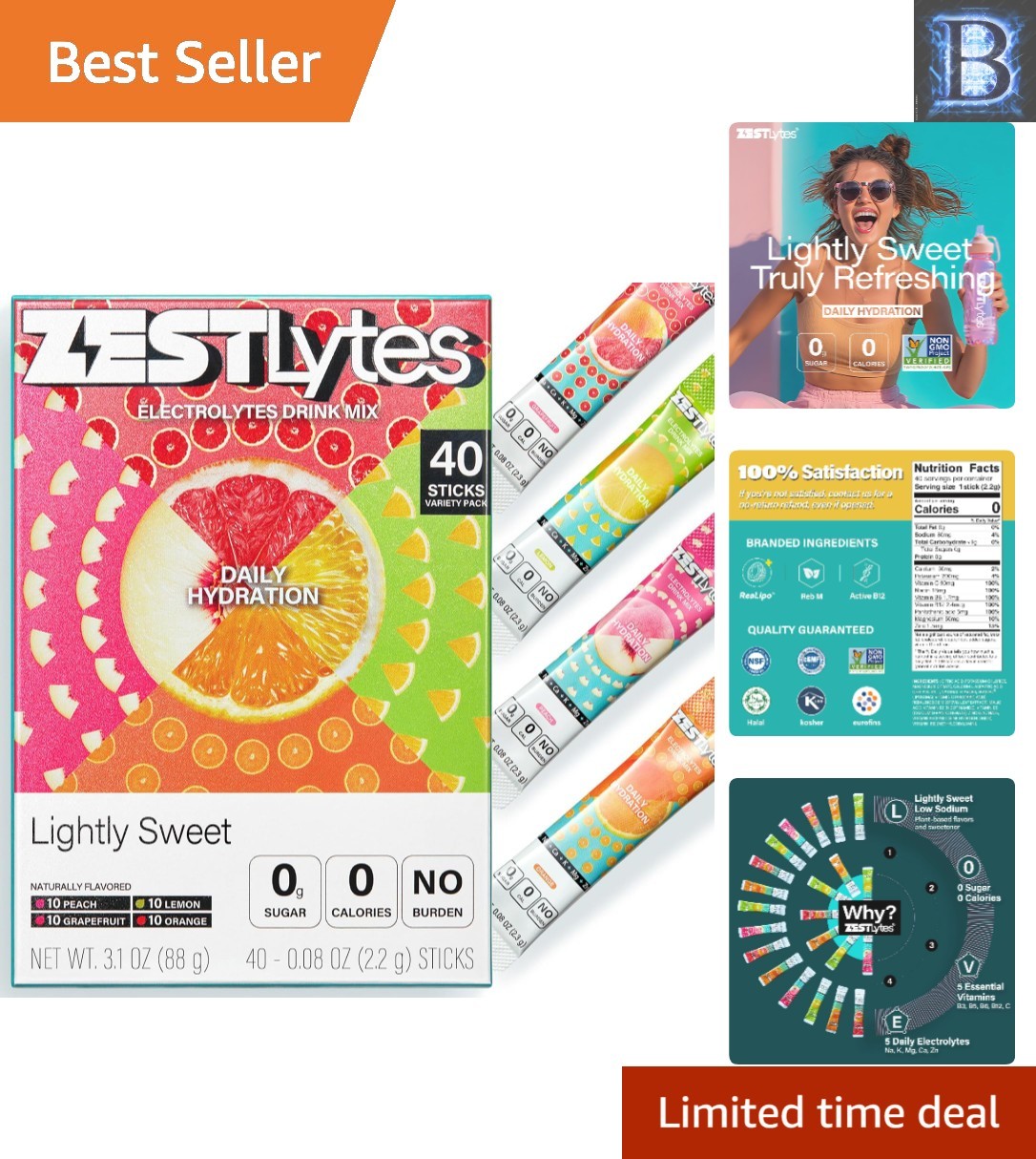 Lightly Sweet Electrolyte Drink Mix | 40 Sticks of 5 Electrolytes & 5 Vitamins