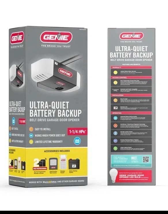 Genie 1-1/4 HPc Ultra-Quiet Belt Drive Garage Door Opener Battery Backup 38959Y