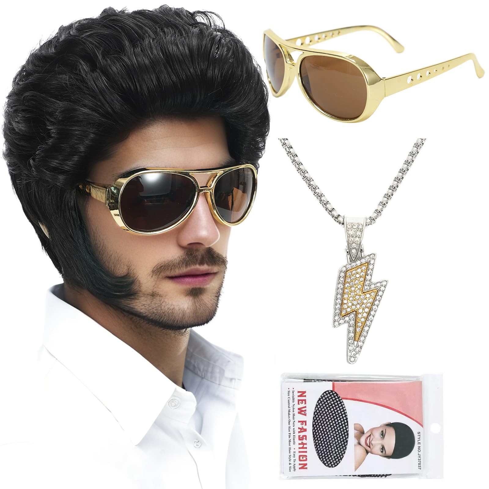 Rock Wig Set for Men – 50s 60s 70s Retro Costume with Sunglasses, Black
