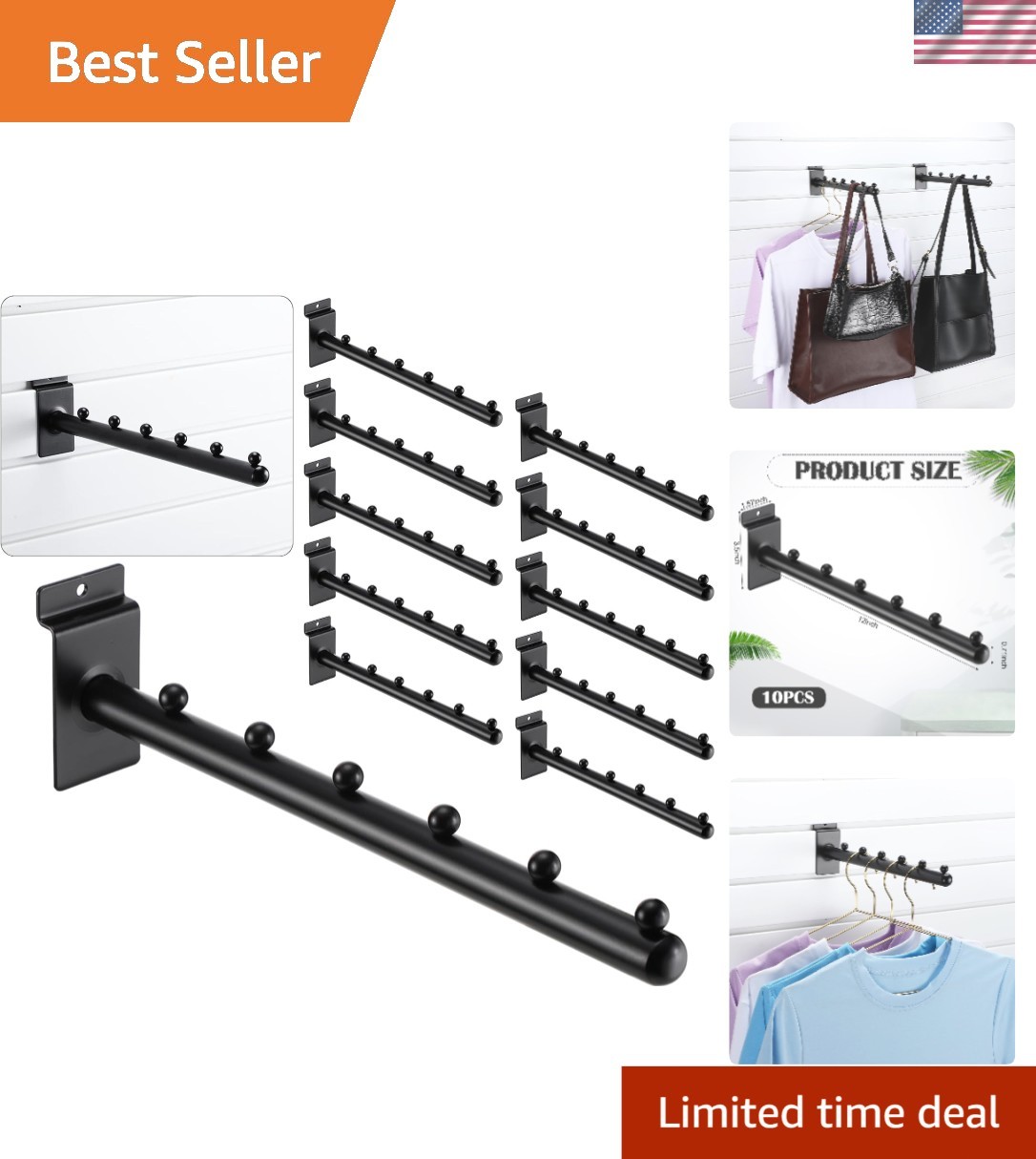 Waterfall Hooks for Slatwall Panel Metal Hangers Black Display Accessories 10...