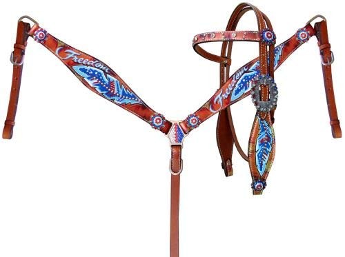 Showman Freedom Headstall & Breast Collar Set w/ Red White & Blue Feather Design