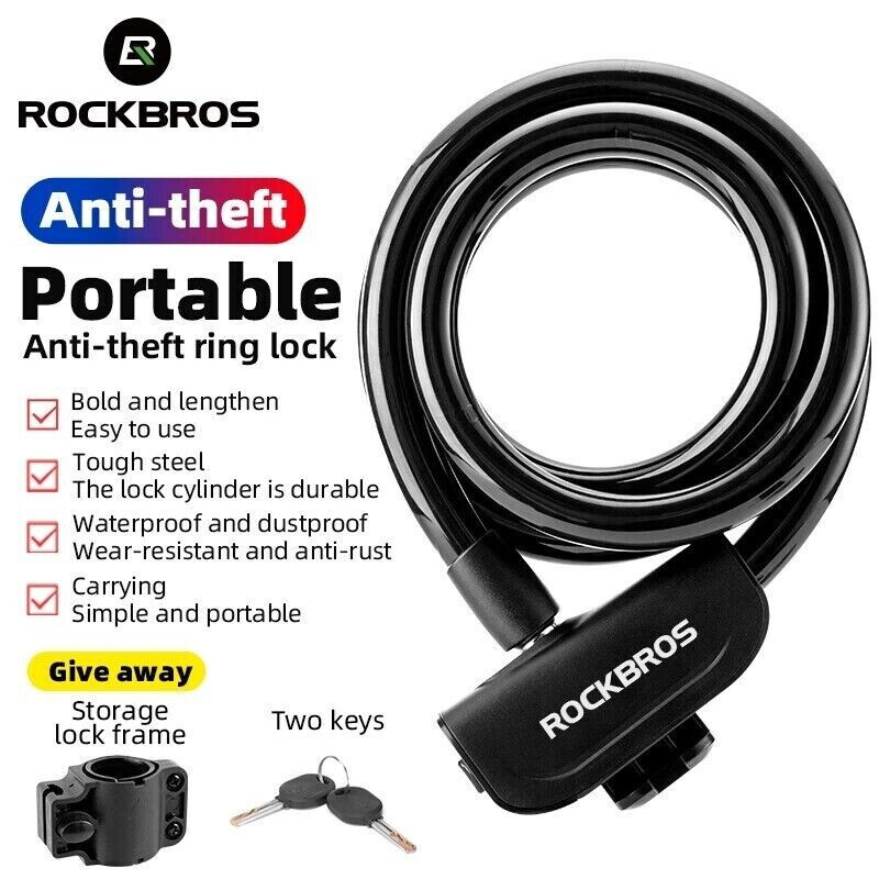 NEW ROCKBROS Bicycle Cable Bike Lock 43 Inch Long Anti Theft with 2 keys Black