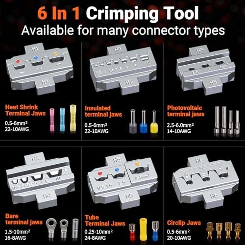 Adjustable Ratchet Crimping Tool Kit with 6 Jaws, 361pcs Terminals & Case - Elec