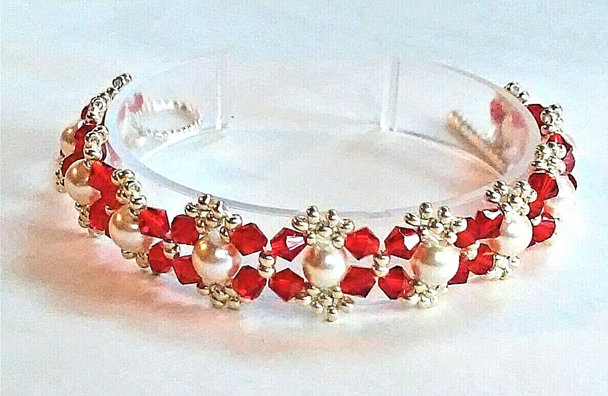 Handmade Red White Pearl Beaded Bracelet
