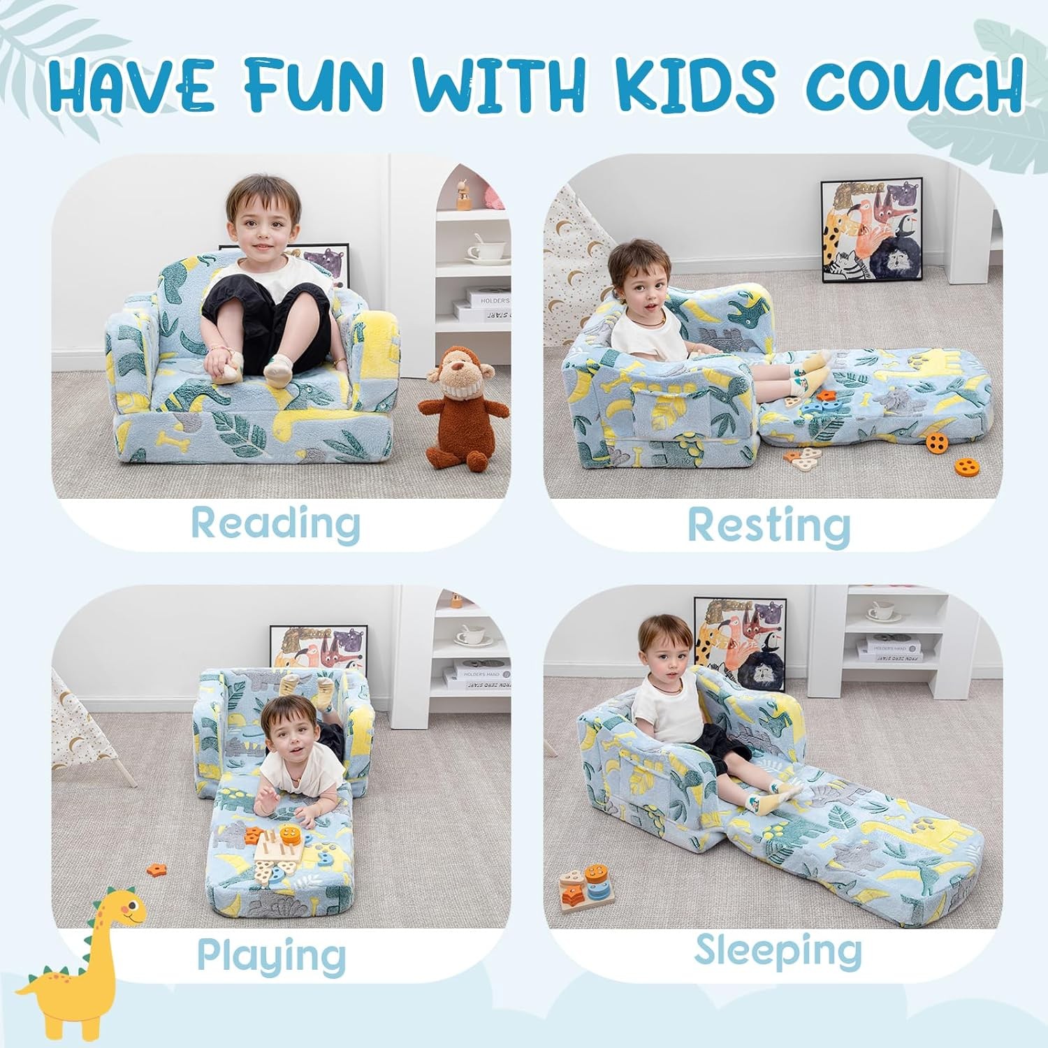 Comfy Toddler 2-in-1 Plush Fold Out Couch Lounger w/ Blanket | Glowing Dinosaur