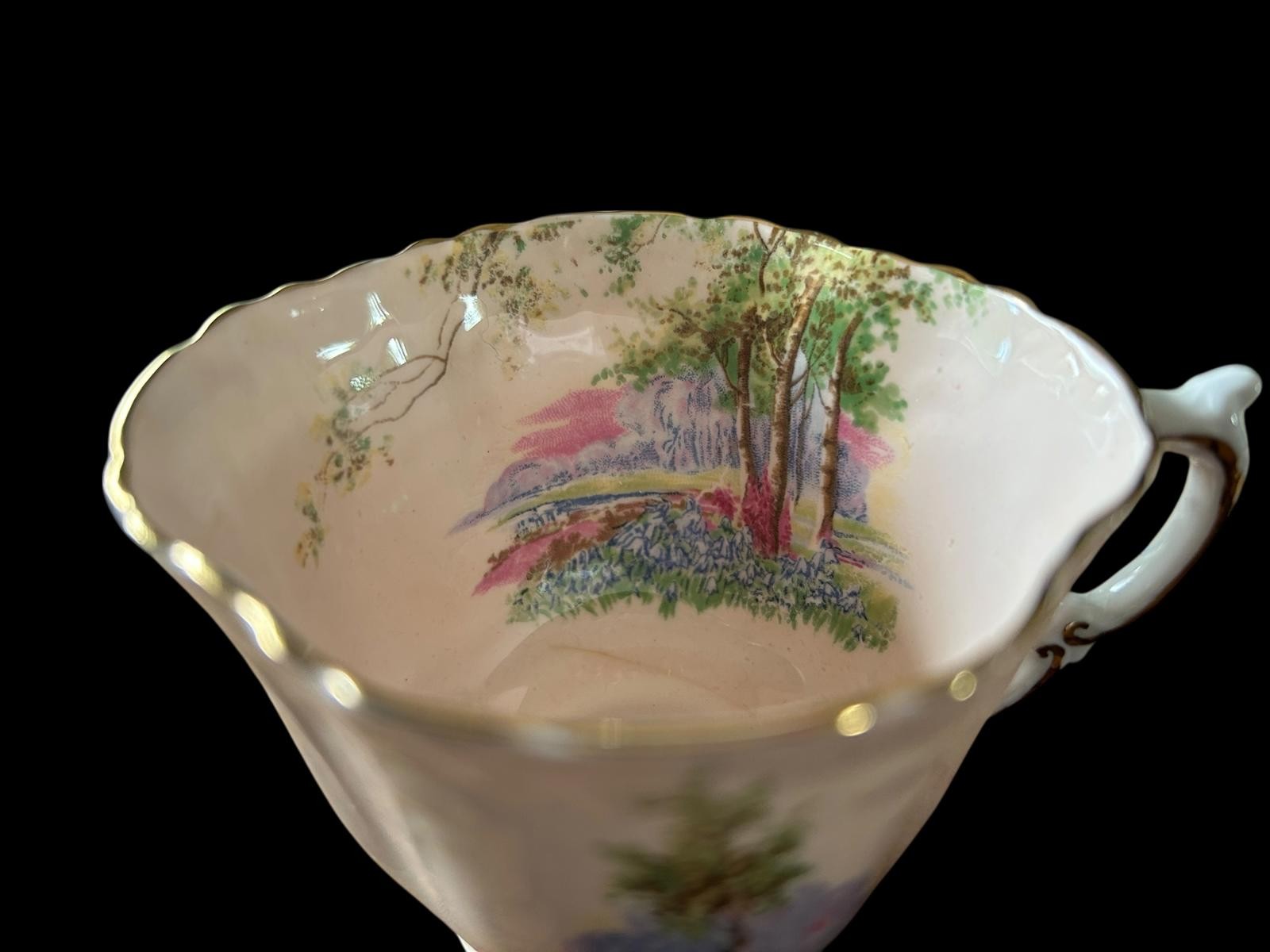 Vintage Porcelain Tea Cup/Saucer Set w Scenic Tree Design Aynsley Bluebell Time