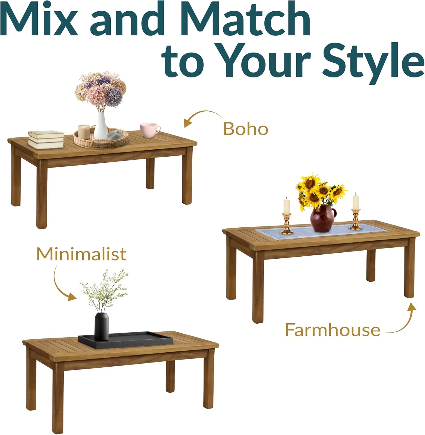 Outdoor Patio Coffee Table Solid Teak Wood 45” W Rectangular Light Brown