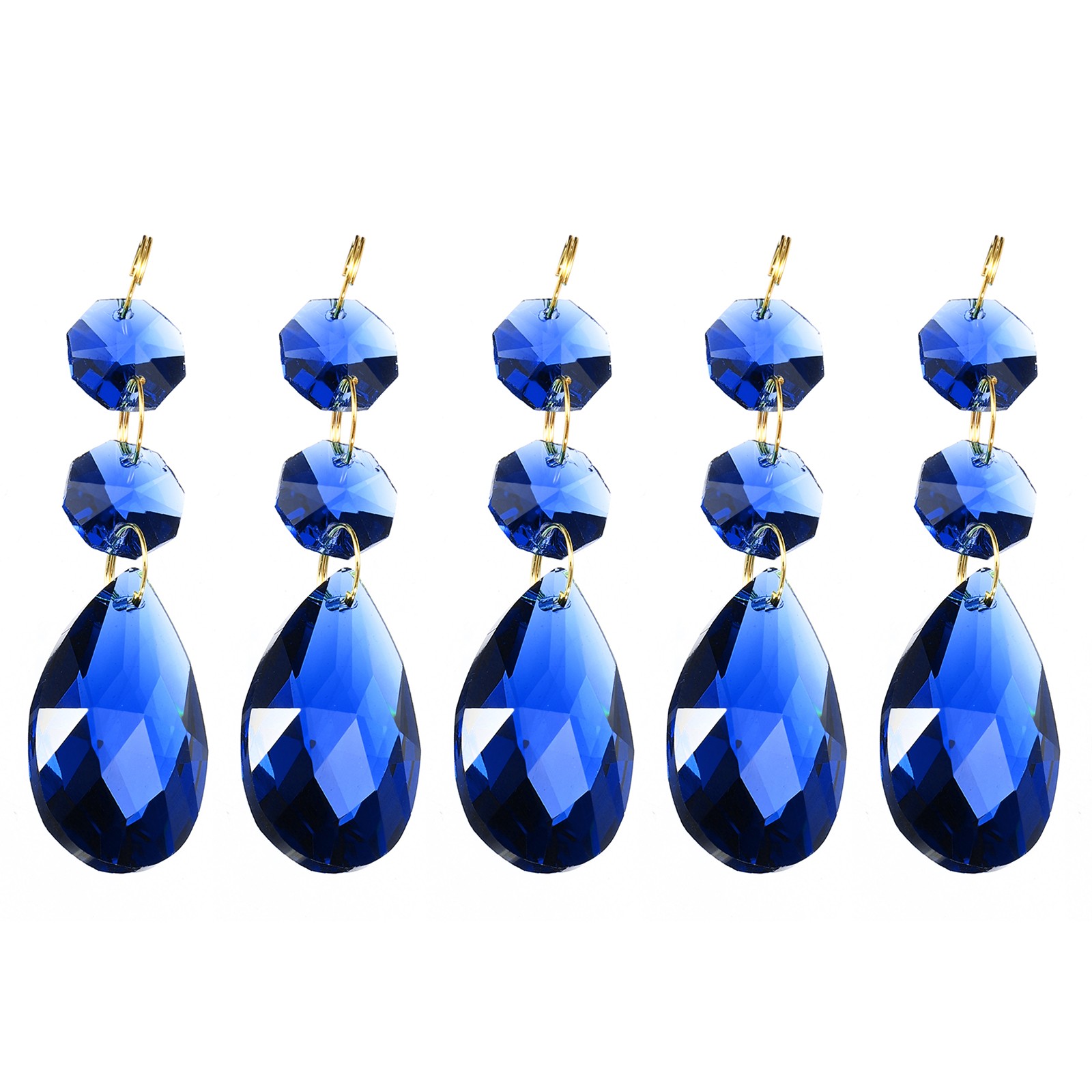 5Pcs 38mm Dark Blue Crystal Teardrop w 14mm Octagonal Bead Dark Blue