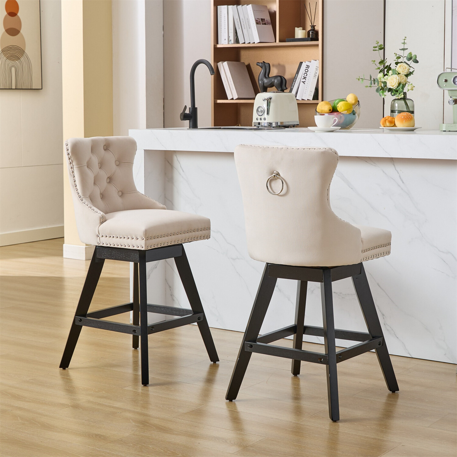 Set of 2 Swivel Velvet Bar Stools Bar Chair Counter Height Dining Chair