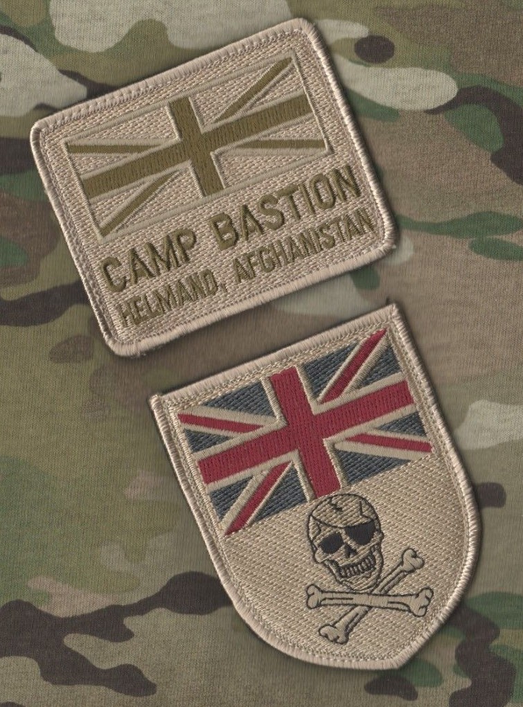 NATO ISAF ALLIED COALITION SAS SET: CAMP BASTION + UK FLAG one-eye PIRATE SKULL