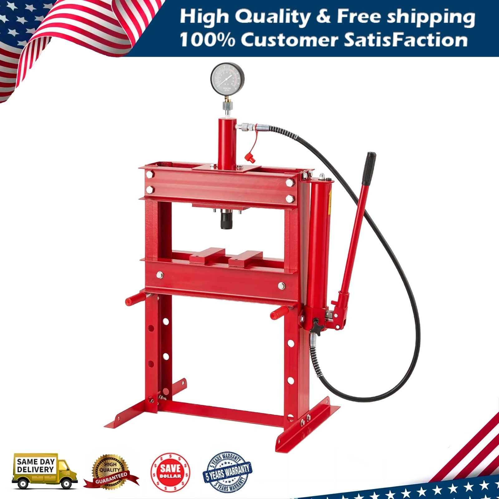 Hydraulic Shop Press 10 Ton with Press Plates Gauge H-Frame Benchtop Press Stand