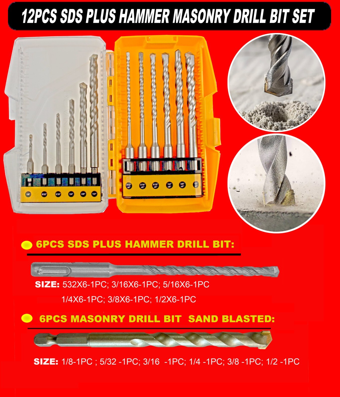 12PCS SDS Plus Hammer Drill Bit and Masonry Drill Bit for Bricks Stone Concrete