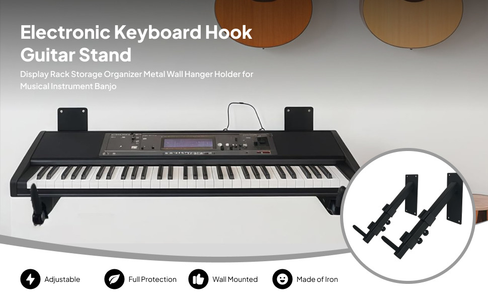 2 Pieces Electronic Keyboard Hook Holder Metal Wall Mount Adjustable Universal