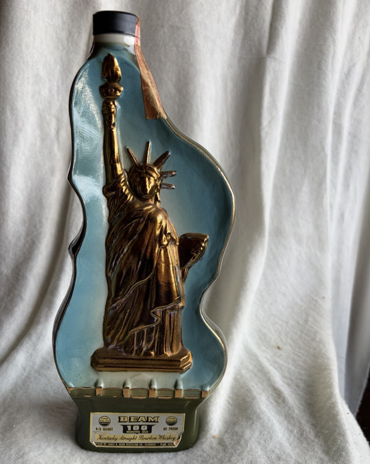 Beam Statue of Liberty Figural Liquor Bottle Decanter Blue Glass 4/5 Quart