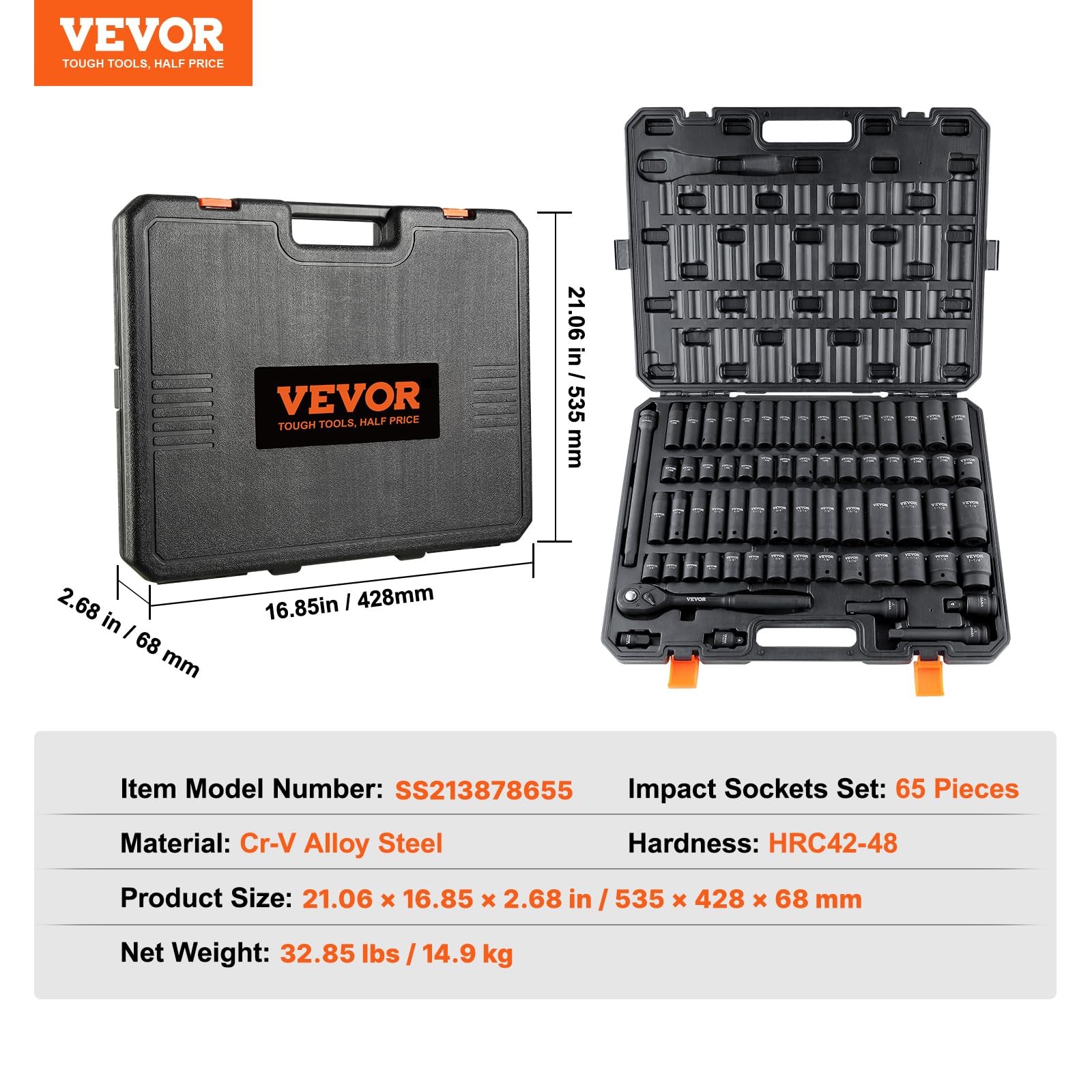 1/2" Drive Impact Socket Set, 65 Piece SAE Deep&Shallow, Black