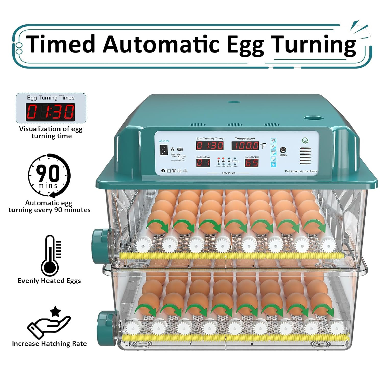 Incubators for Hatching Eggs 120, Chicken Egg Incubator w/ Automatic Egg Turning