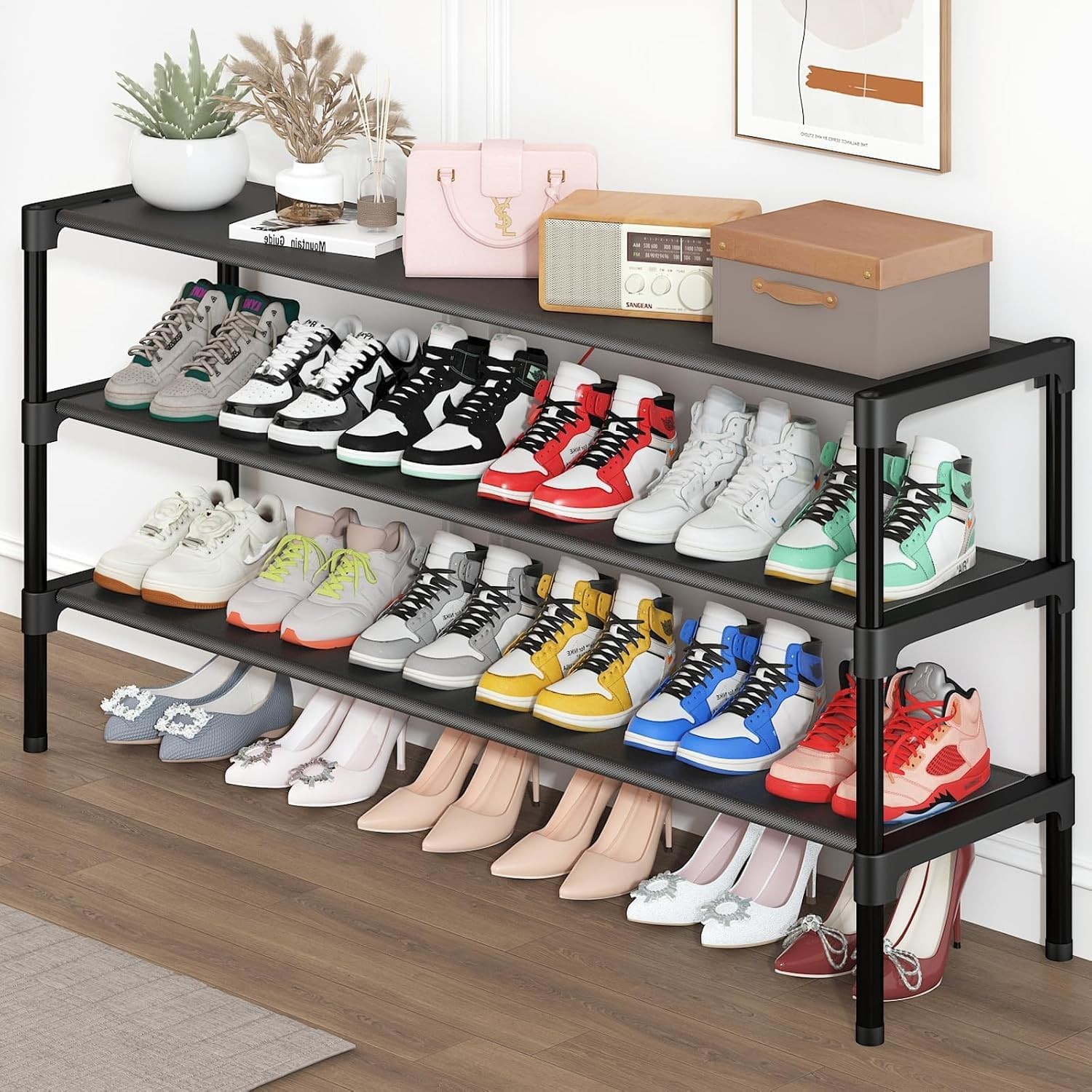 SAN HE Long Shoe Rack-Shoe Organizer 3 33.85 x 11.8 x 21.25 inches, Black