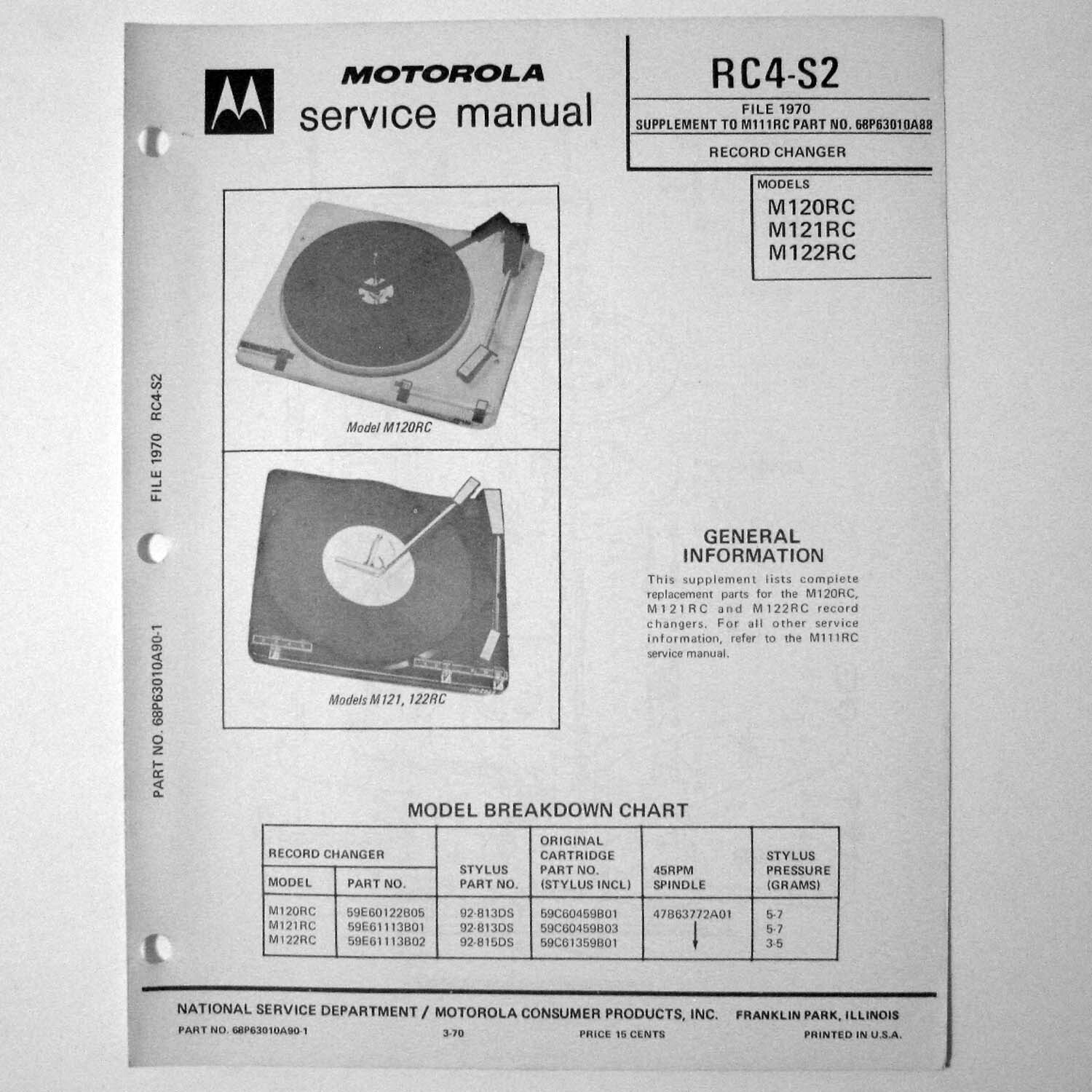 Motorola ® Models M120RC M121RC M122RC Record Changer Service Manual © 1970