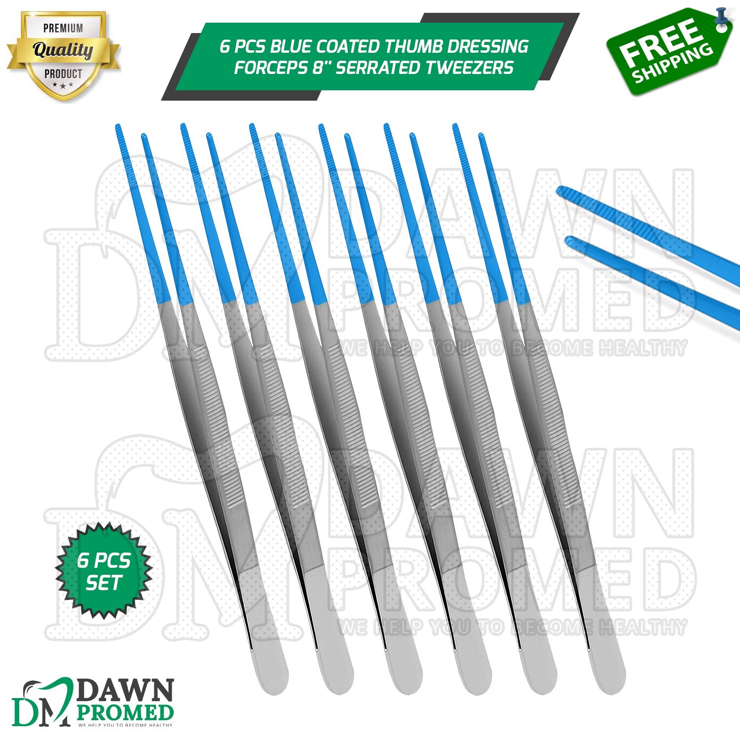 6 Pcs Blue Coated Thumb Dressing Forceps 8" Serrated Surgical Tweezers Set