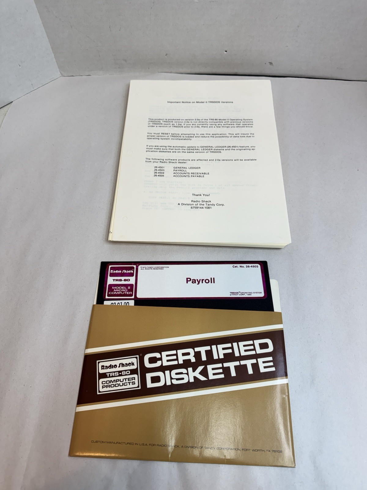 Radio Shack TRS-80 Payroll Program Diskette Certified w/ Documentation #20