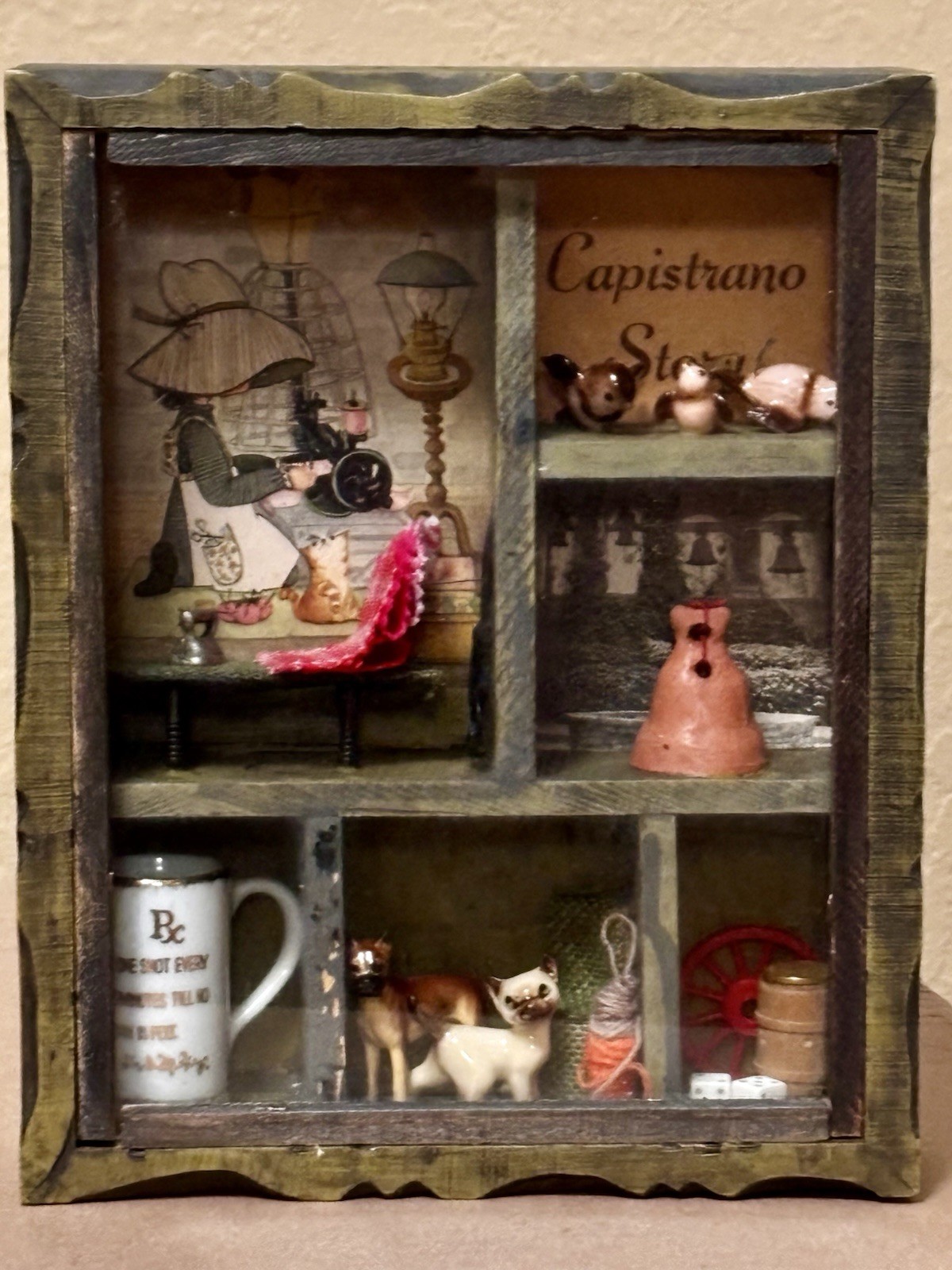 VTG Wooden Capistrano Shadow Box-Swallows Cat Dog Iron Holly Hobbie Rx Dice Bell