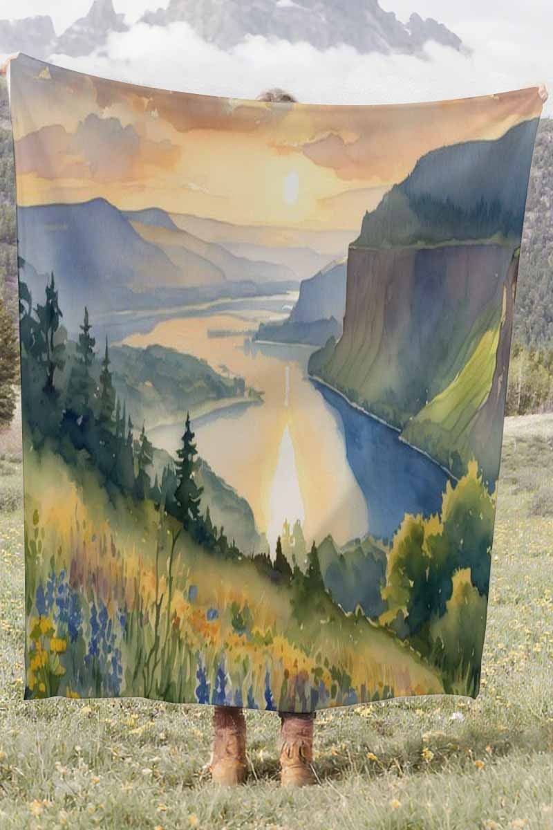 Watercolor Mountain River Sunset Coral Fleece Cozy Throw Blanket Elegant
