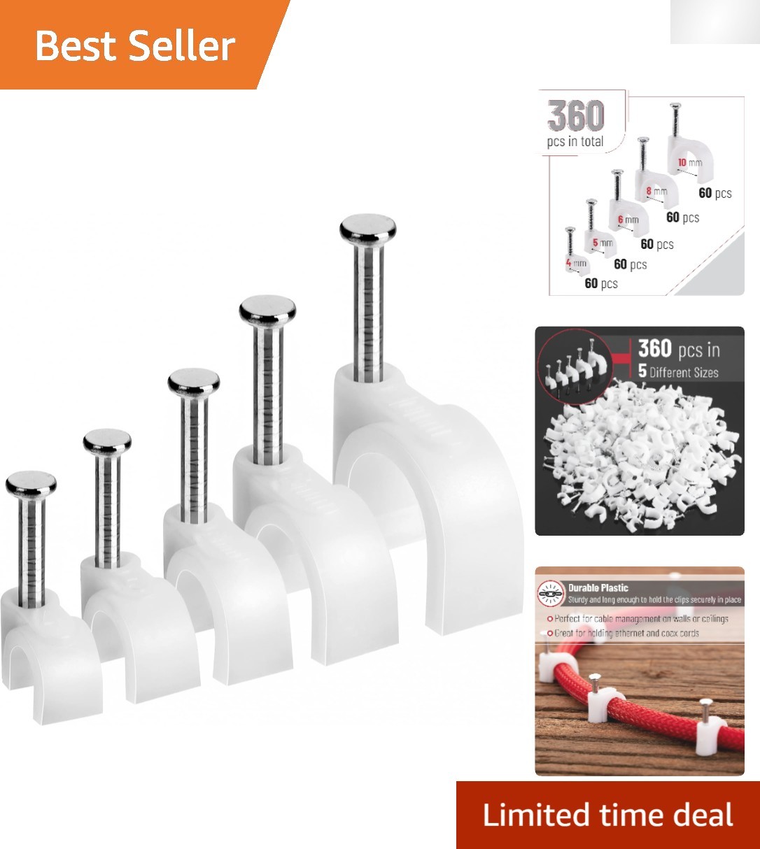 Bates White Cable Clips with Steel Nails - 360 pcs, Sizes 4-10mm for Tidy Spaces