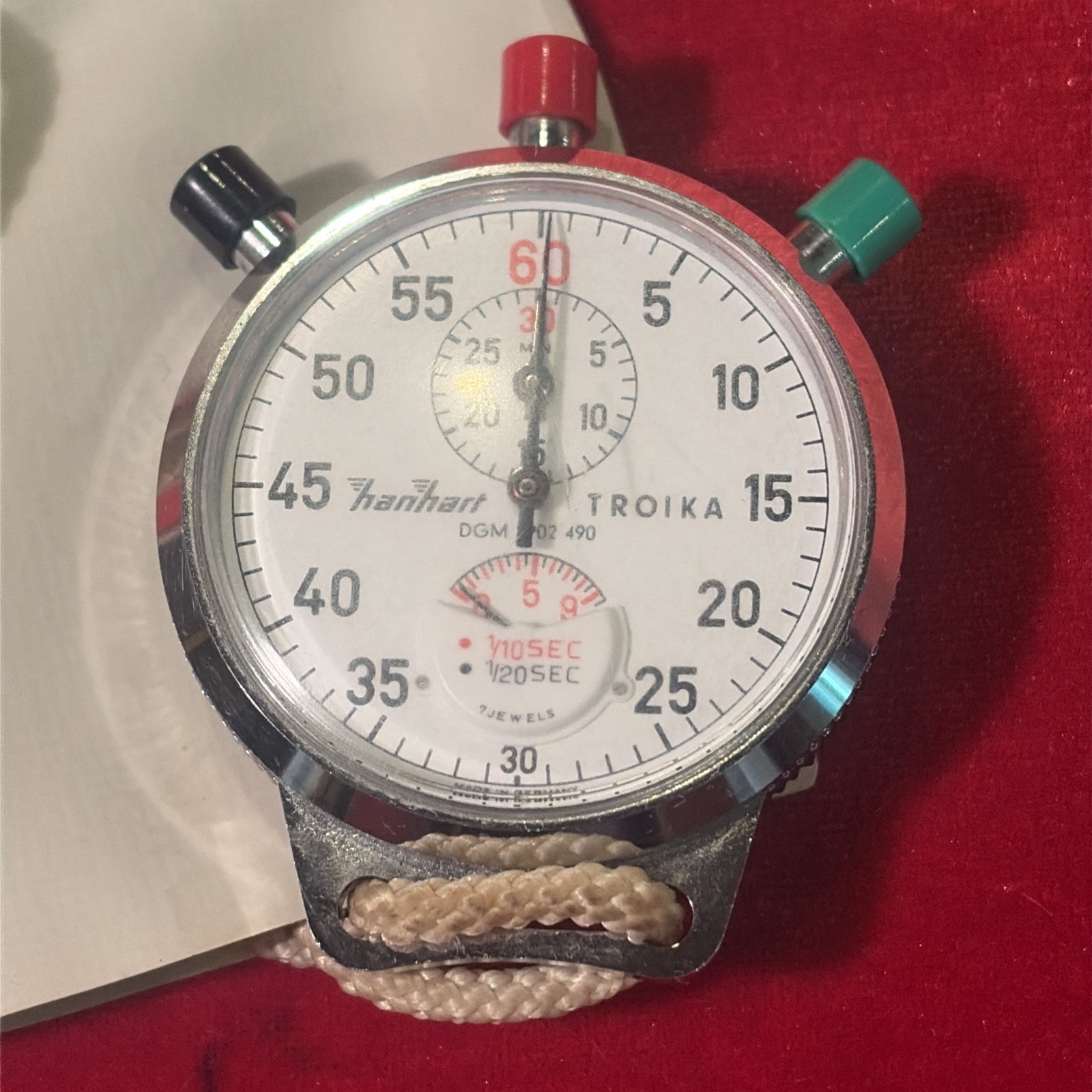 Stopwatch Hanhart Troika & Pouch DGM 1902 490 1/10 Sec & 1/20 Sec 7 Jewels Vtg