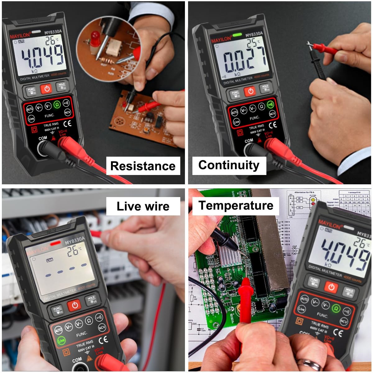 Digital Multimeter TRMS 4000 Counts DC AC Voltage MY8300A, black