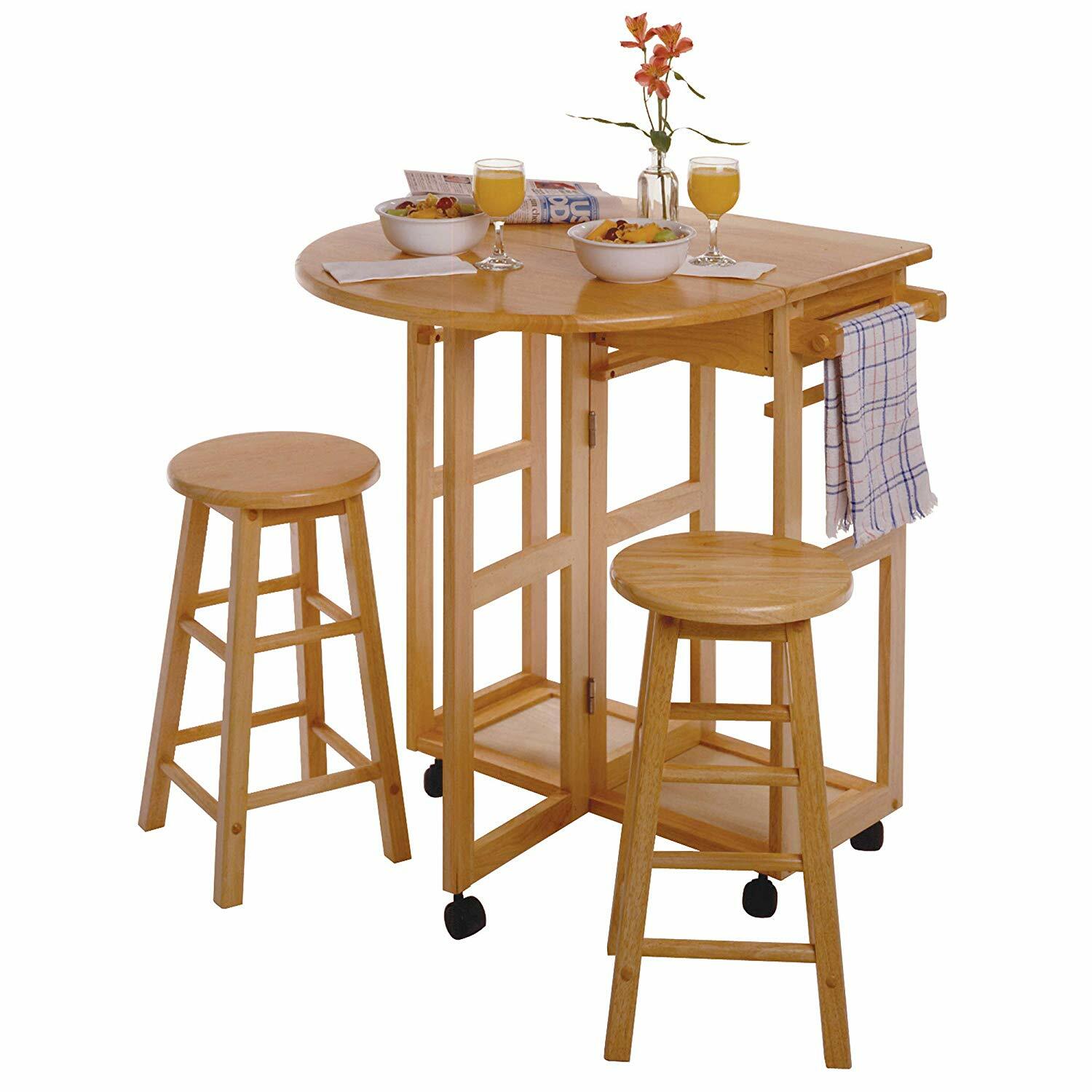 Natural Wooden Breakfast Cart Set Pub Dining Table Stools Rolling Kitchen Island
