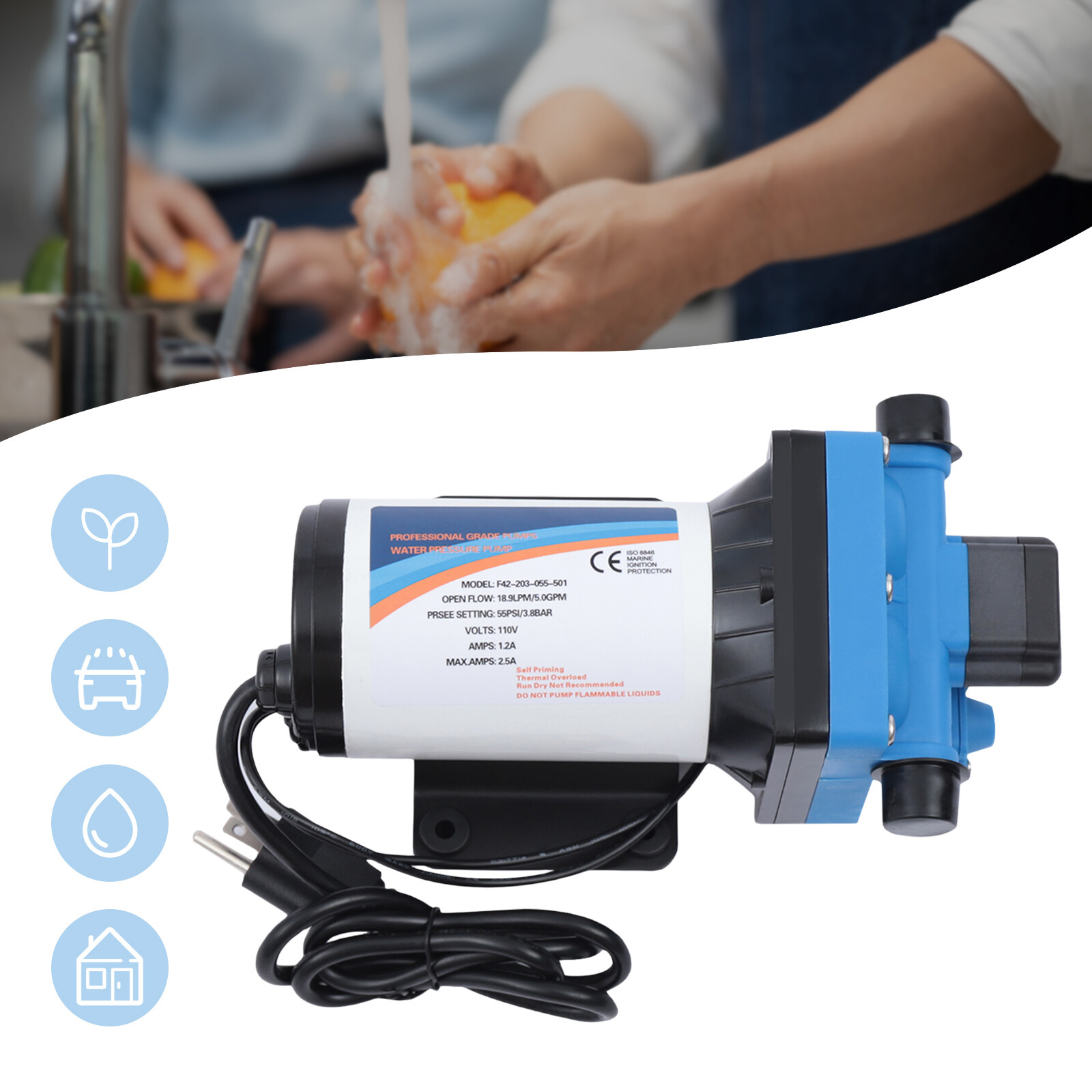 12 Volt 5.0 GPM Marine Water Pump 110V 55PSI High Pressure RV/Boat/Marine/Yacht
