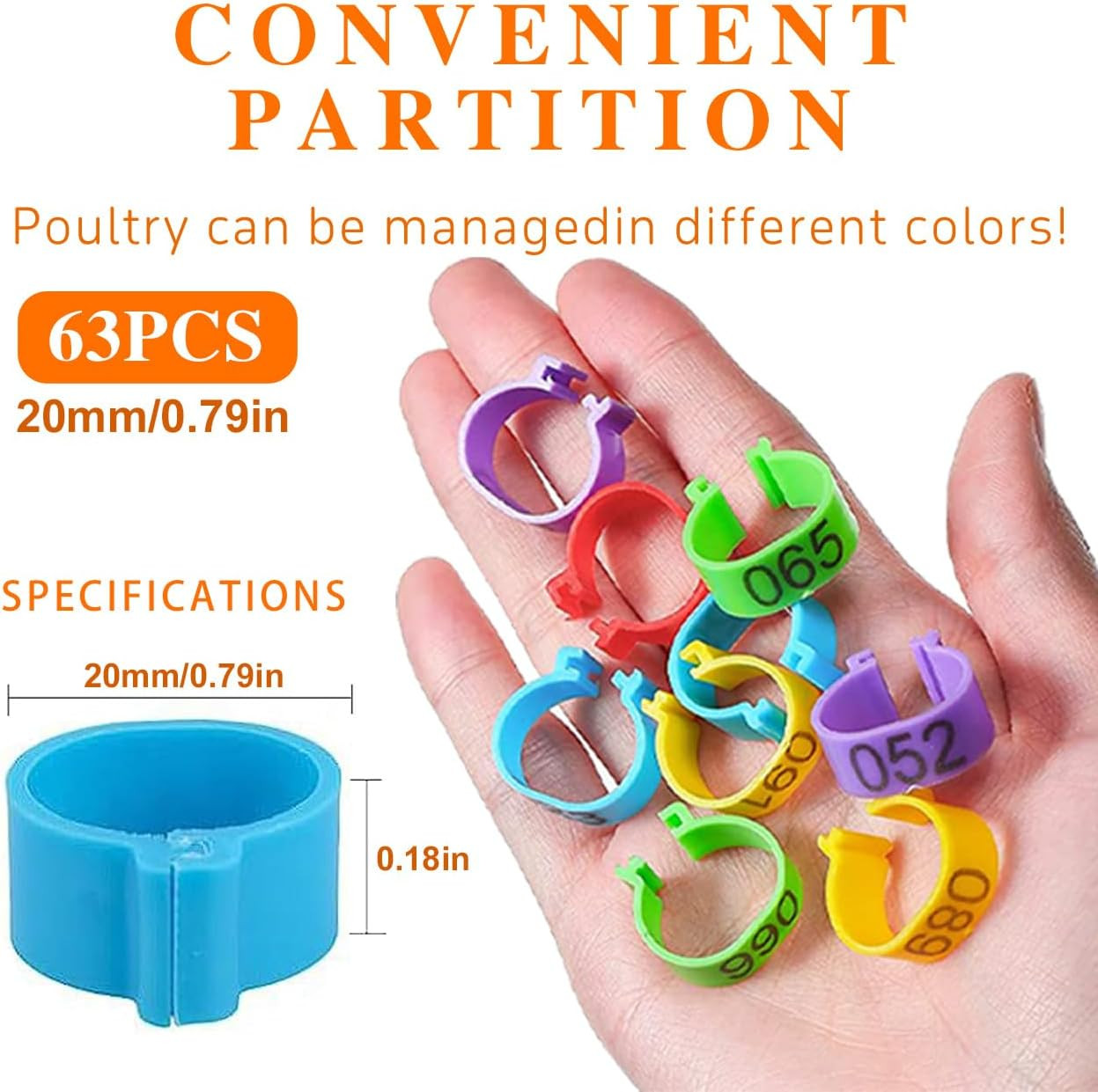 20mm 63Pcs Chicken Leg Bands, Poultry Identification Tags for Legs 001-063 Nu...