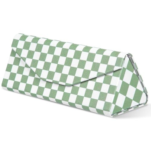 Sunglasses Case, Foldable Glasses Case, Magnetic PU Green Checkred 1 Pcs